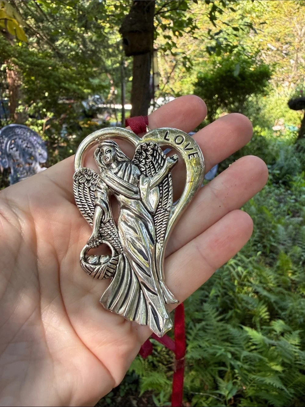 Gorham Silver Plated Angel Ornaments with Red Ribbon Accents Hope Peace Love